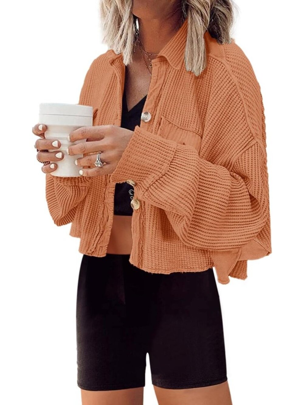 Womens Brick Red Cropped Waffle Knit Button Down Batwing Sleeve Cardigan Jacket